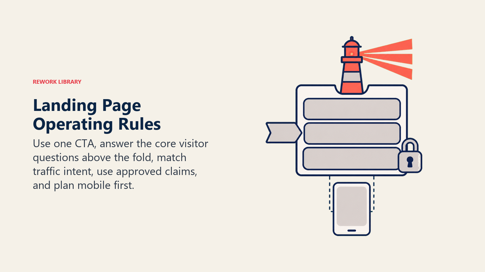 Landing page rules shown as one CTA lighthouse guiding matched traffic through a clear mobile-first above-fold window