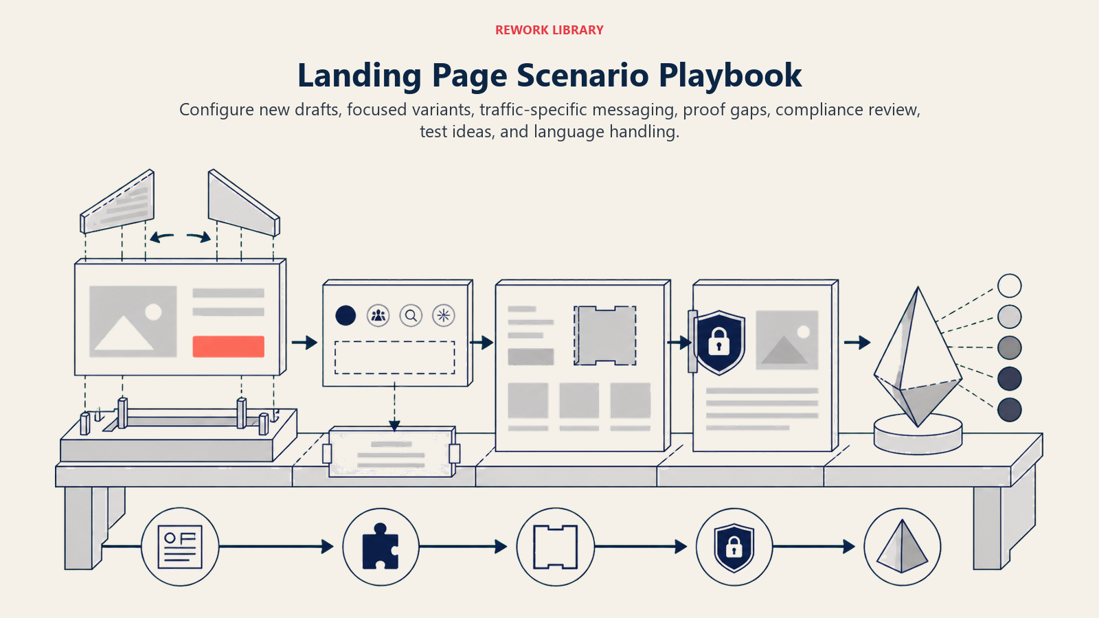 Landing page scenario workshop assembling campaign drafts, hero variants, traffic matches, proof assets, and compliance checks