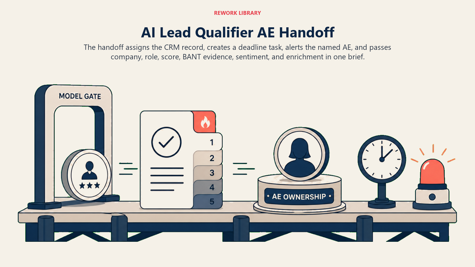 AI Lead Qualifier Agent handing a scored lead, BANT evidence, and enrichment brief to the named AE