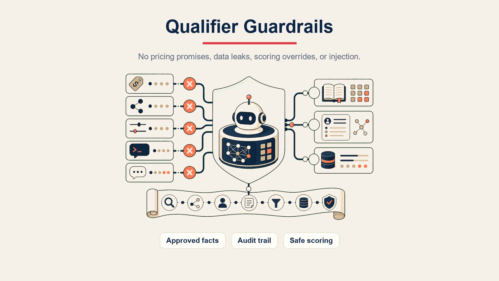 AI Lead Qualifier Agent paparan dalaman menunjukkan pagar pelindung untuk fakta diluluskan, jejak audit, dan pemarkahan selamat