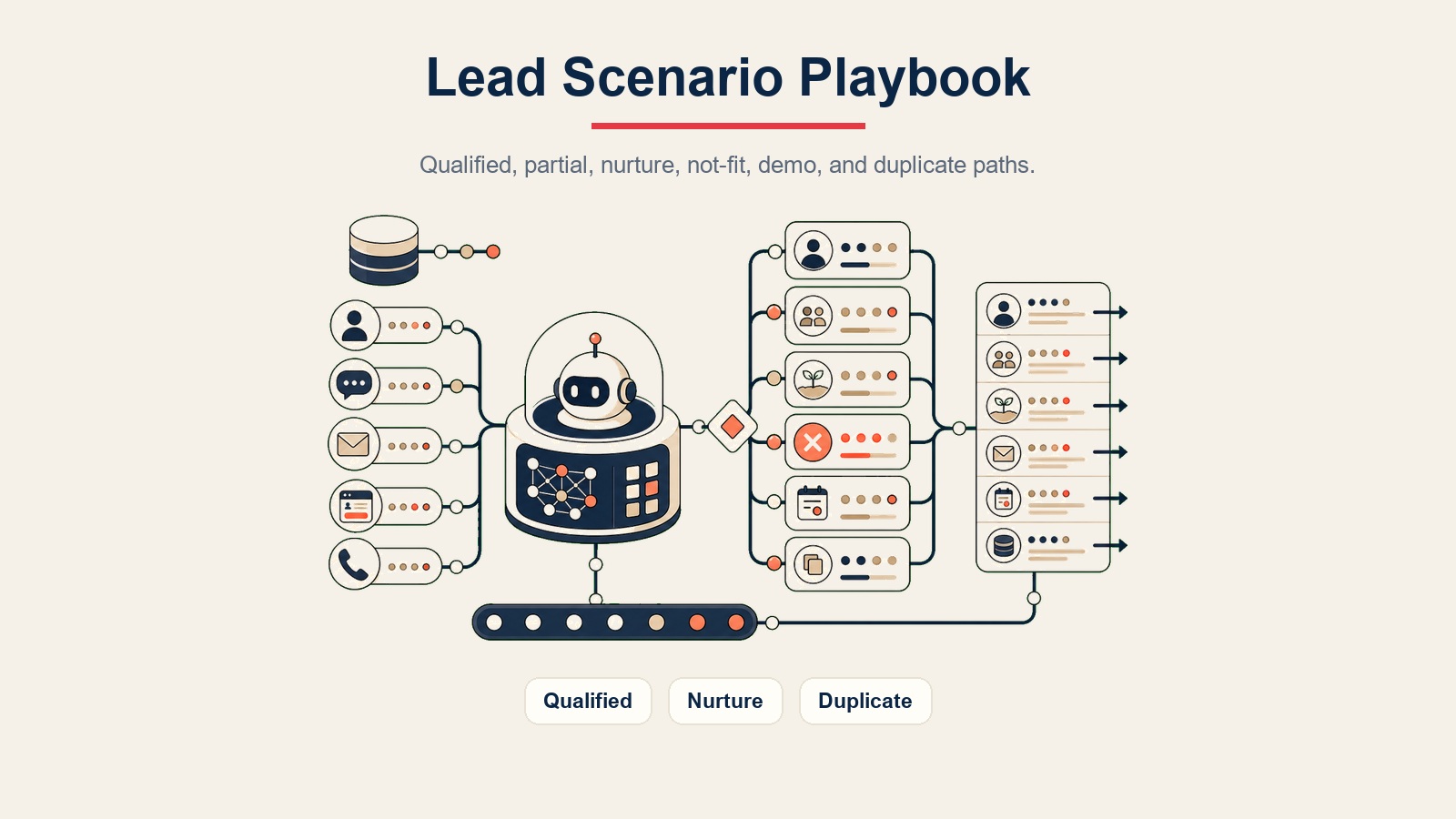 AI Lead Qualifier Agent paparan dalaman menunjukkan laluan senario untuk lead yang layak, dipupuk, dan pendua