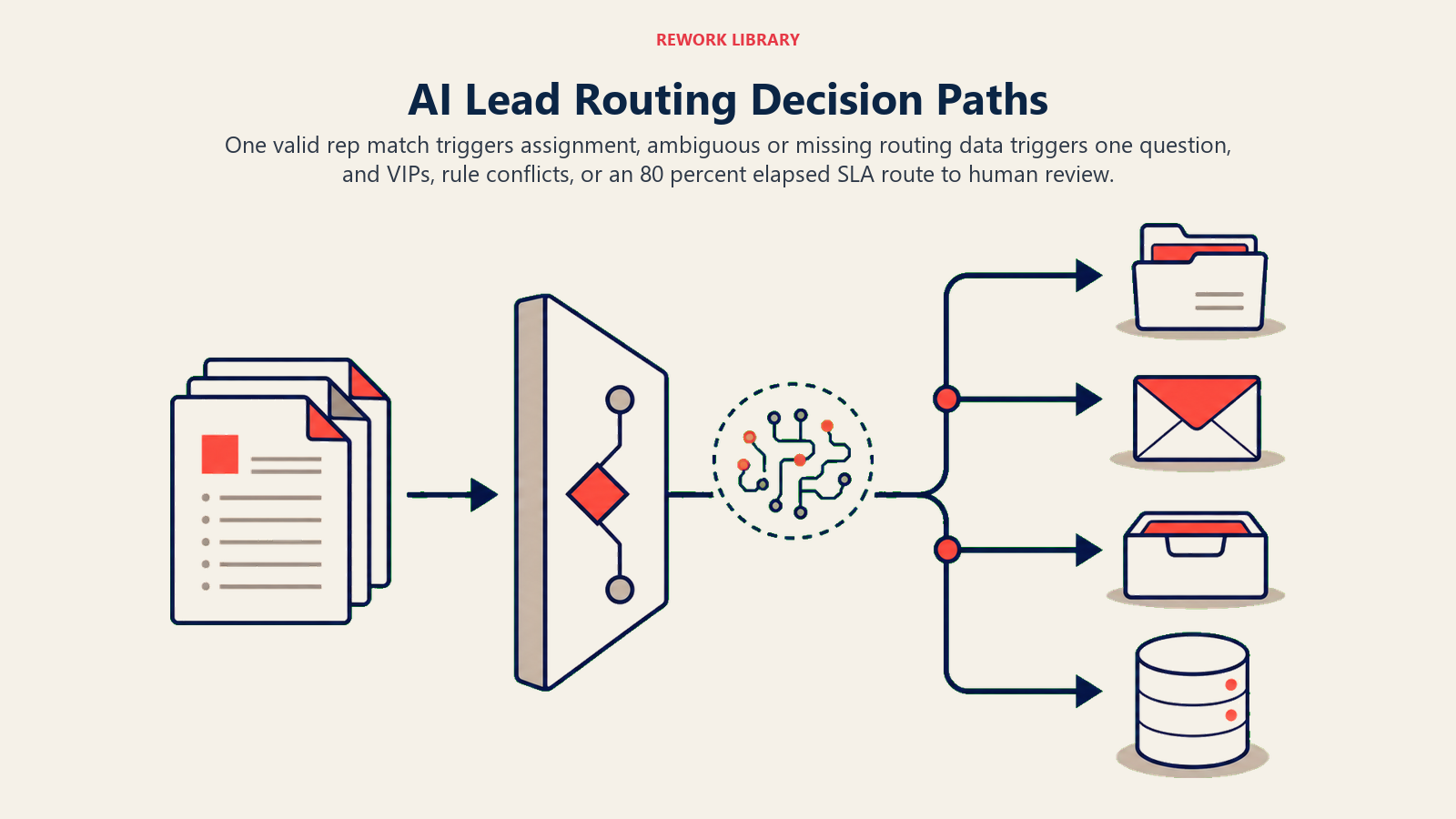 AI lead routing decision paths for automatic assignment, missing-data clarification, and RevOps escalation