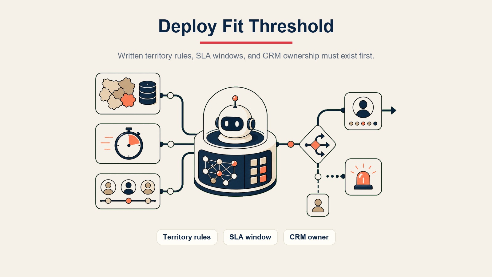 AI Lead Routing Agent visual interno que muestra el umbral de aptitud para implementación entre reglas de territorio, ventana de SLA y campos de propietario del CRM
