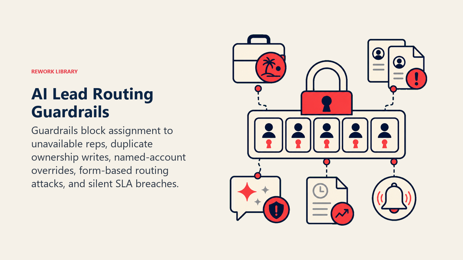 AI Lead Routing Agent guardrails protecting rep availability, single ownership, named accounts, form injection, and SLA escalation