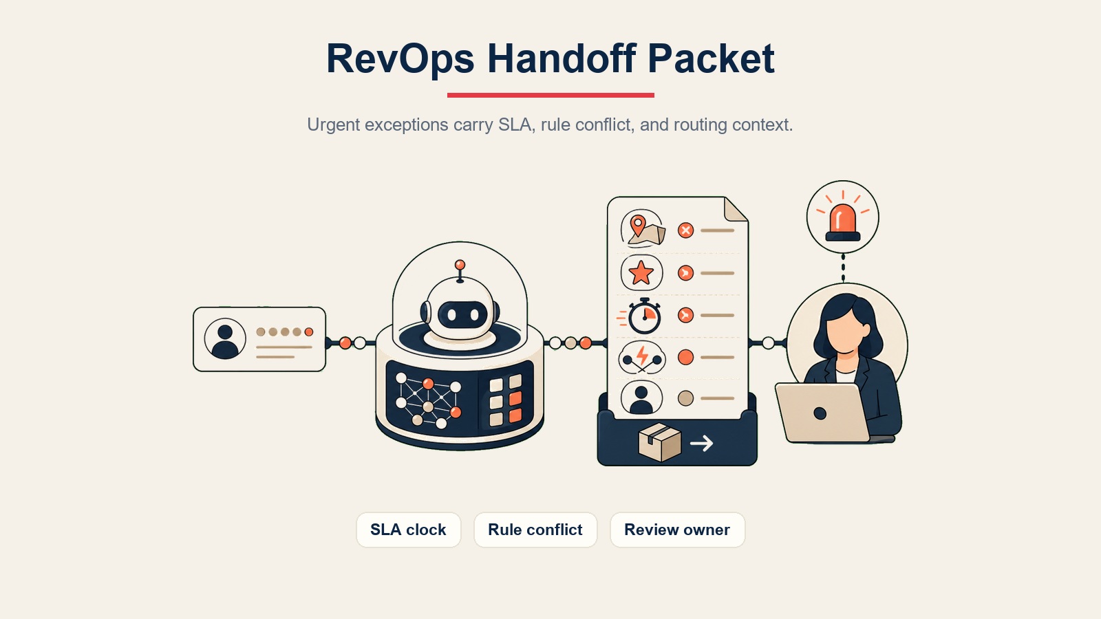 AI Lead Routing Agent visual interno que muestra un paquete de transferencia a RevOps con reloj de SLA, conflicto de reglas y propietario de revisión