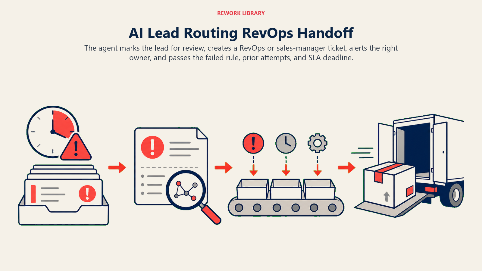 AI Lead Routing Agent escalating an assignment exception with failed rule context and SLA deadline to RevOps