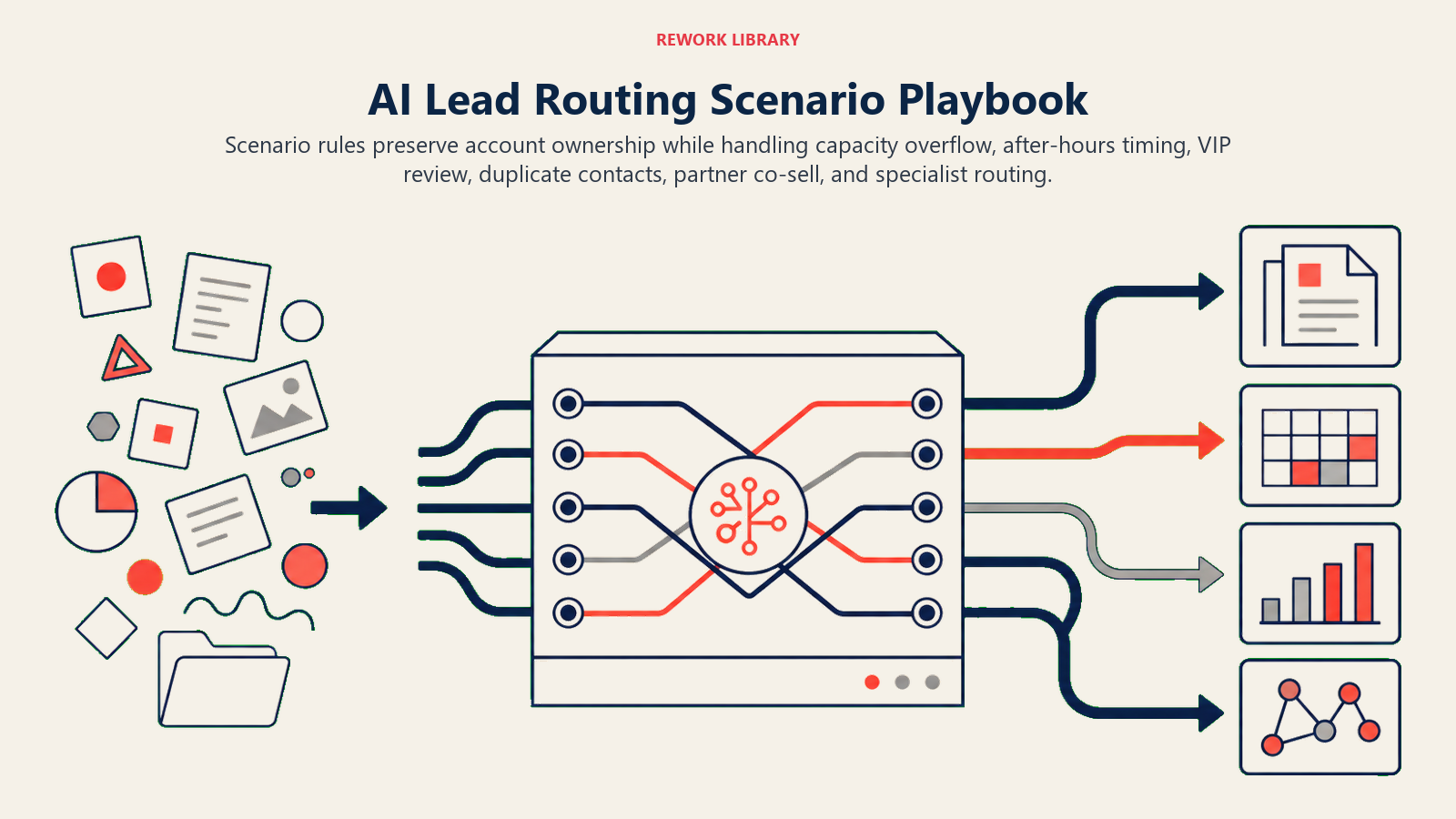 AI Lead Routing Agent switchyard for customer, capacity, after-hours, VIP, duplicate, partner, and specialty scenarios