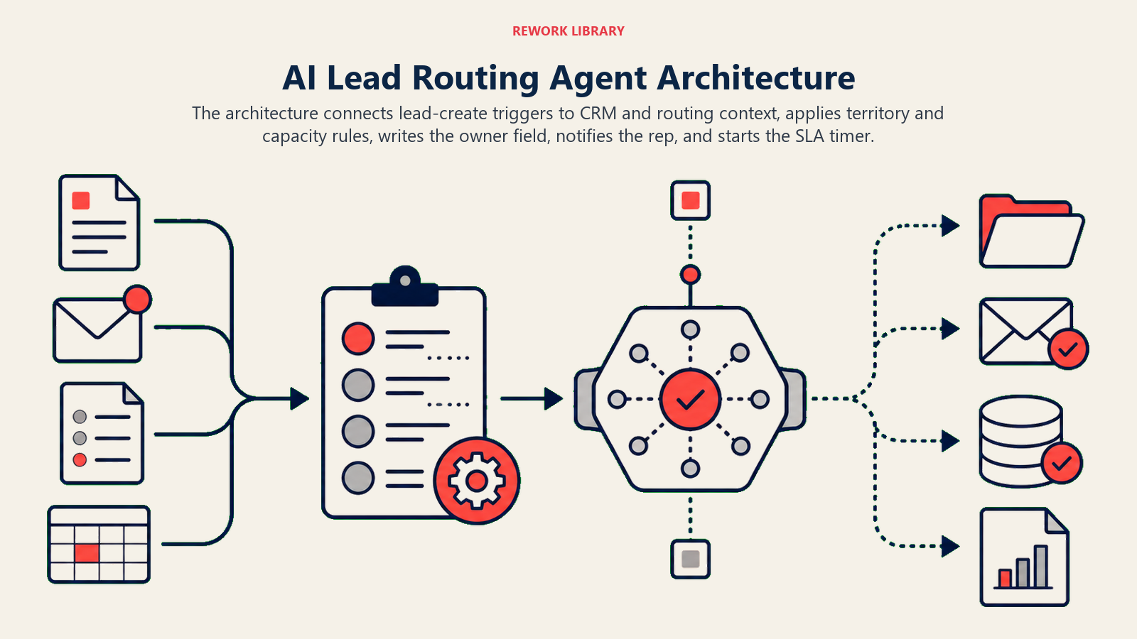 AI Lead Routing Agent architecture from CRM trigger and routing rules to owner write-back, notification, and SLA timer