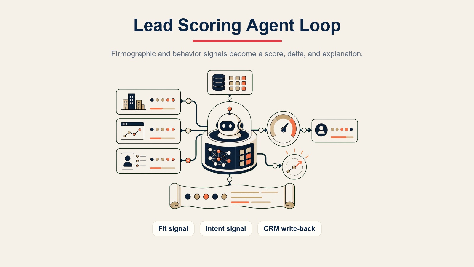AI Lead Scoring Agent inline visual showing firmographic and behavior signals moving through a scoring model, delta, and explanation loop