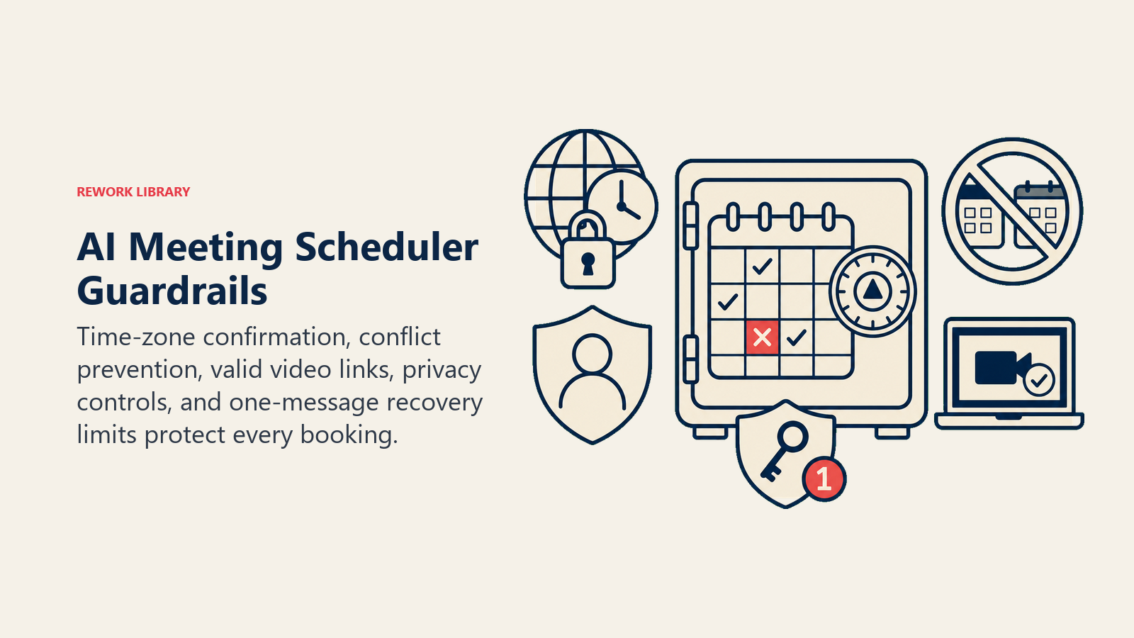 AI Meeting Scheduler Guardrails shown as a protected calendar vault with a time-zone lock, double-booking barrier, video-link tester, privacy shield, and single-recovery counter; one coral conflict token is blocked