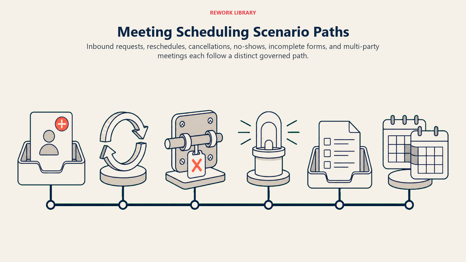 Meeting Scheduling Scenario Paths shown as a wide six-station scheduling field with distinct large artifacts for new request, reschedule loop, cancellation latch, no-show recovery beacon, incomplete form tray, and multi-calendar overlap, joined by one sparse rail