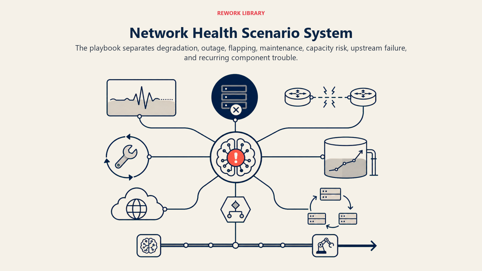 Network Health Scenario System shown as wide infrastructure map with seven signal conditions