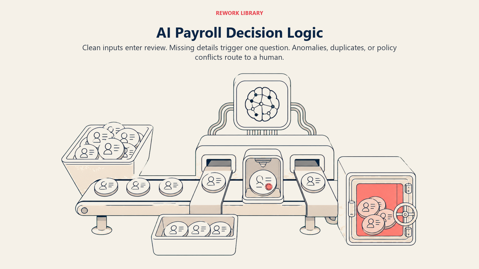AI payroll decision logic showing clean review, one clarification request, and human handoff for anomalies