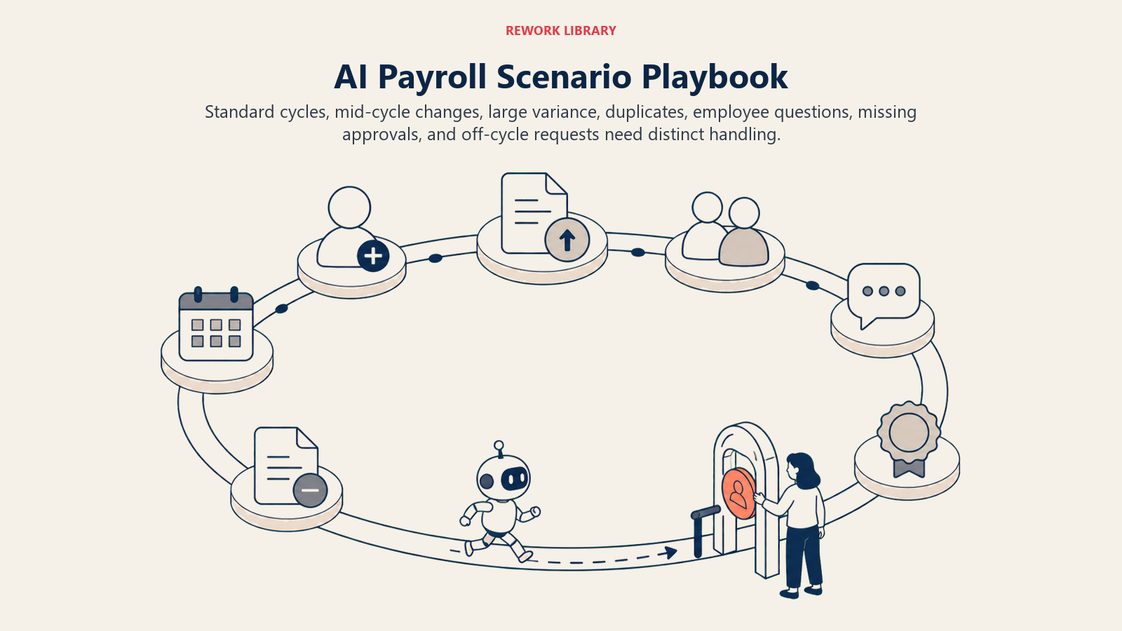 AI payroll scenario playbook showing standard cycles, pay changes, duplicate risk, questions, missing approvals, and off-cycle requests