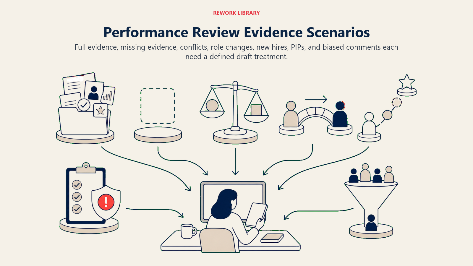 Performance Review Evidence Scenarios: wide evidence scenario board with full, missing, conflict, role-change, new-hire, PIP, and bias-review stations