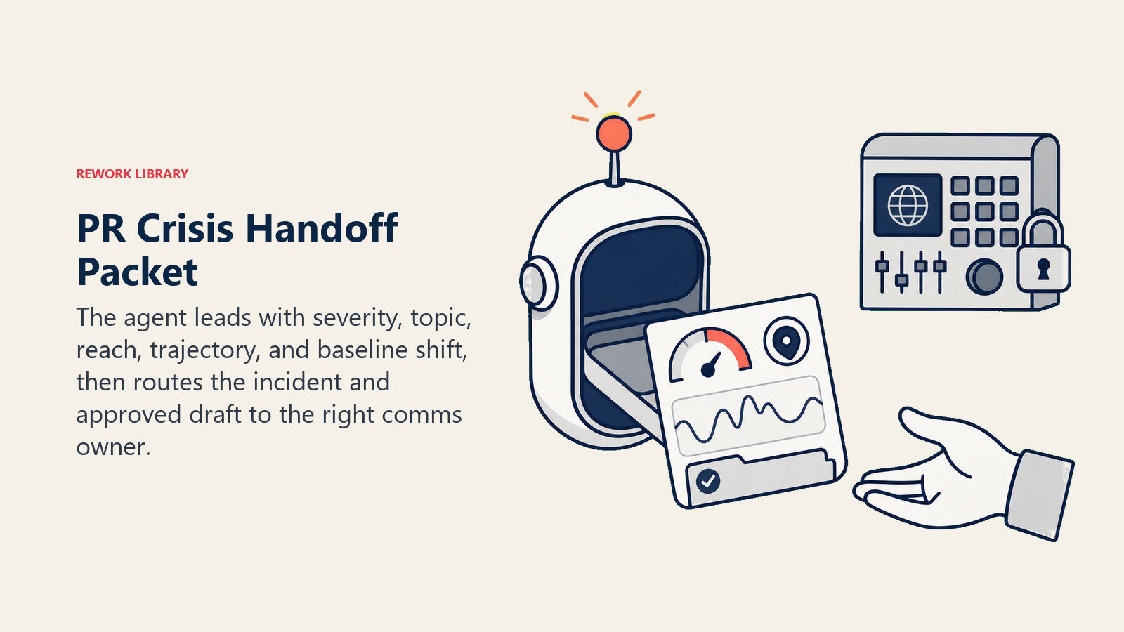 PR crisis handoff packet with severity, source, reach, trajectory, and approved draft