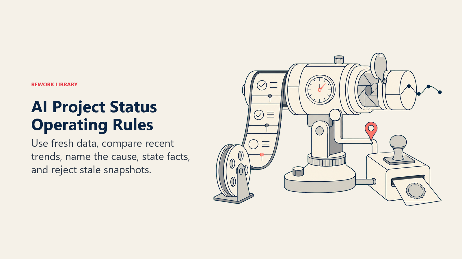 AI project status operating rules shown as a trend instrument using fresh checkpoints and specific cause markers
