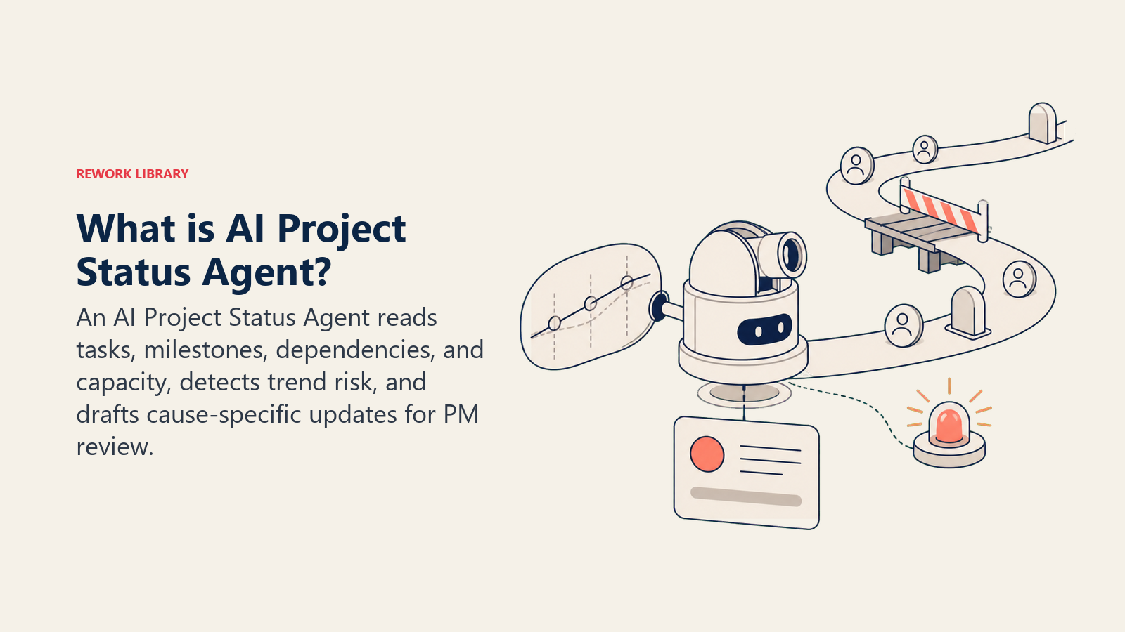 AI Project Status Agent shown as an autonomous observatory detecting project drift and drafting a cause-specific update