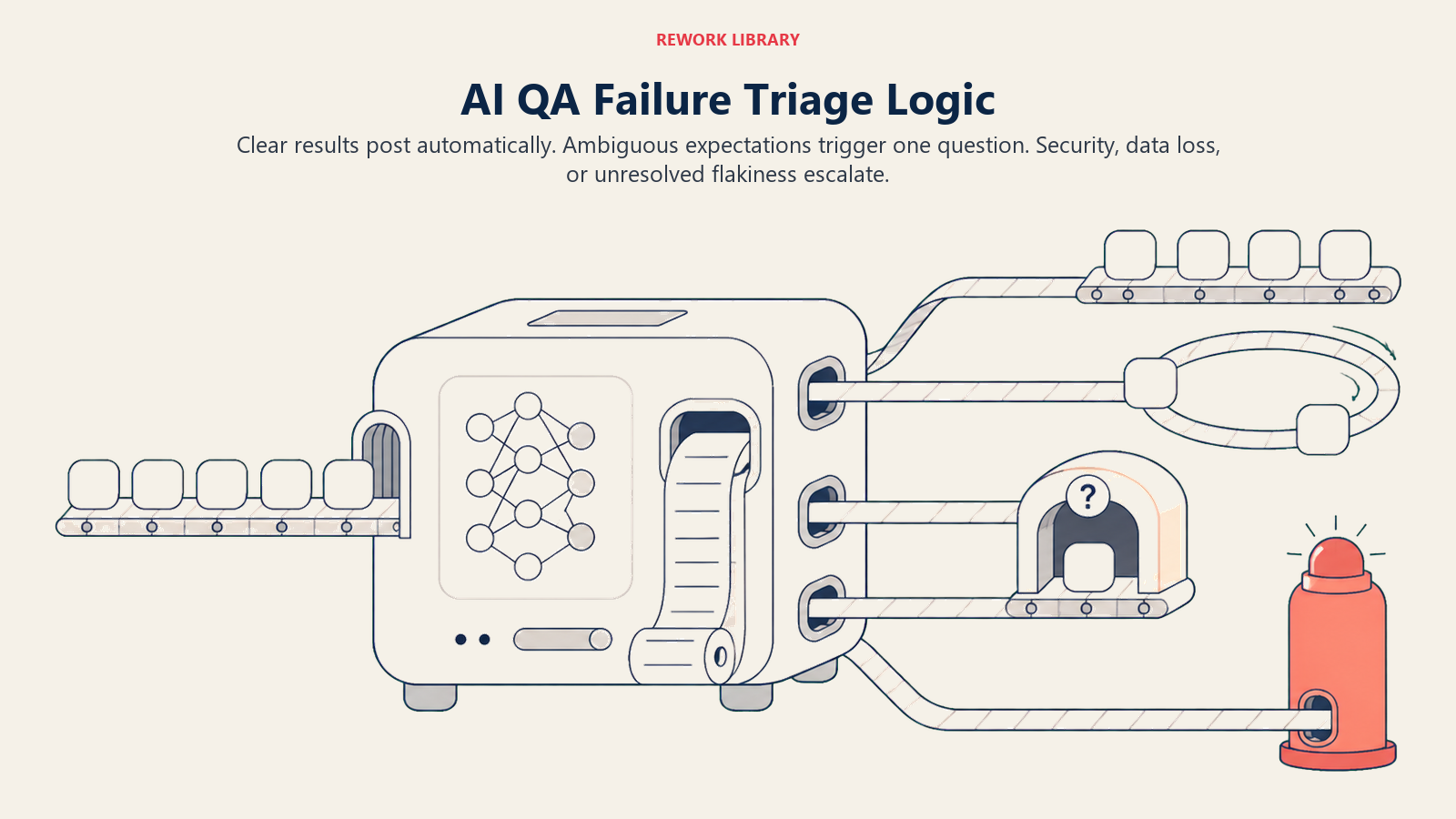 AI QA failure triage showing clean results, flaky reruns, spec questions, and high-risk escalation