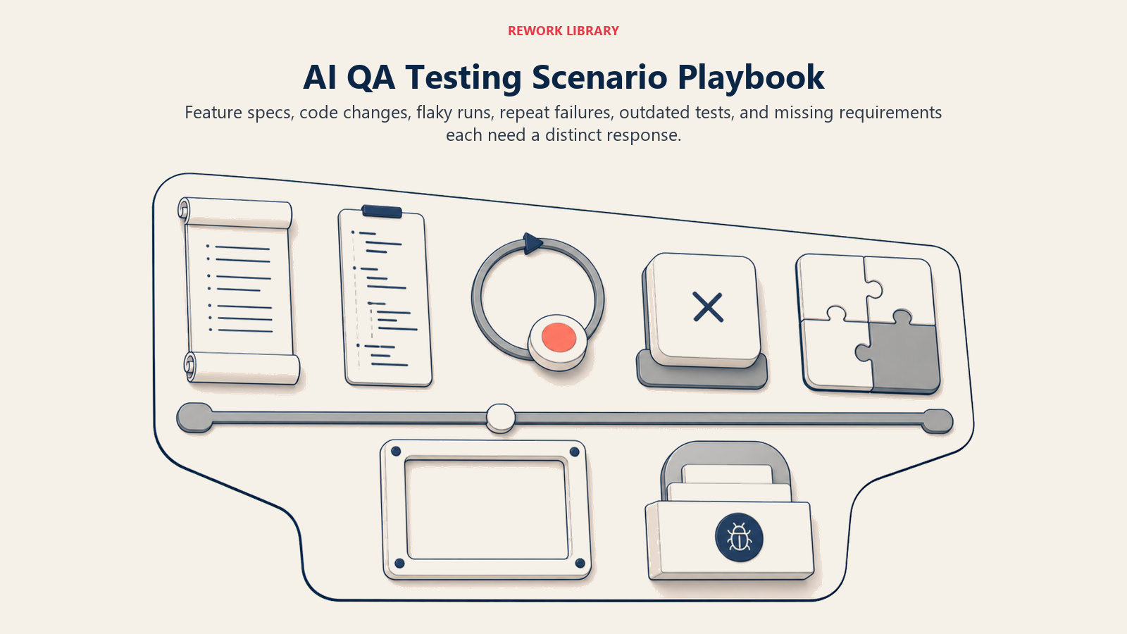 AI QA Testing scenario playbook showing feature, pull request, flaky, regression, outdated test, and missing spec cases
