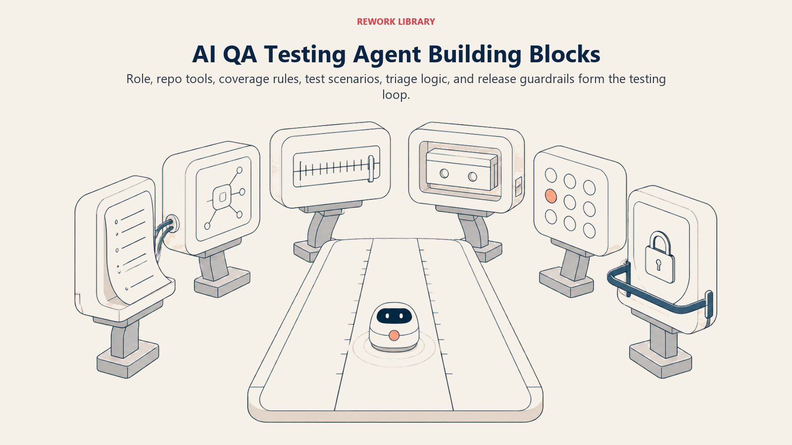 Six AI QA Testing Agent building blocks assembled around a software test execution loop
