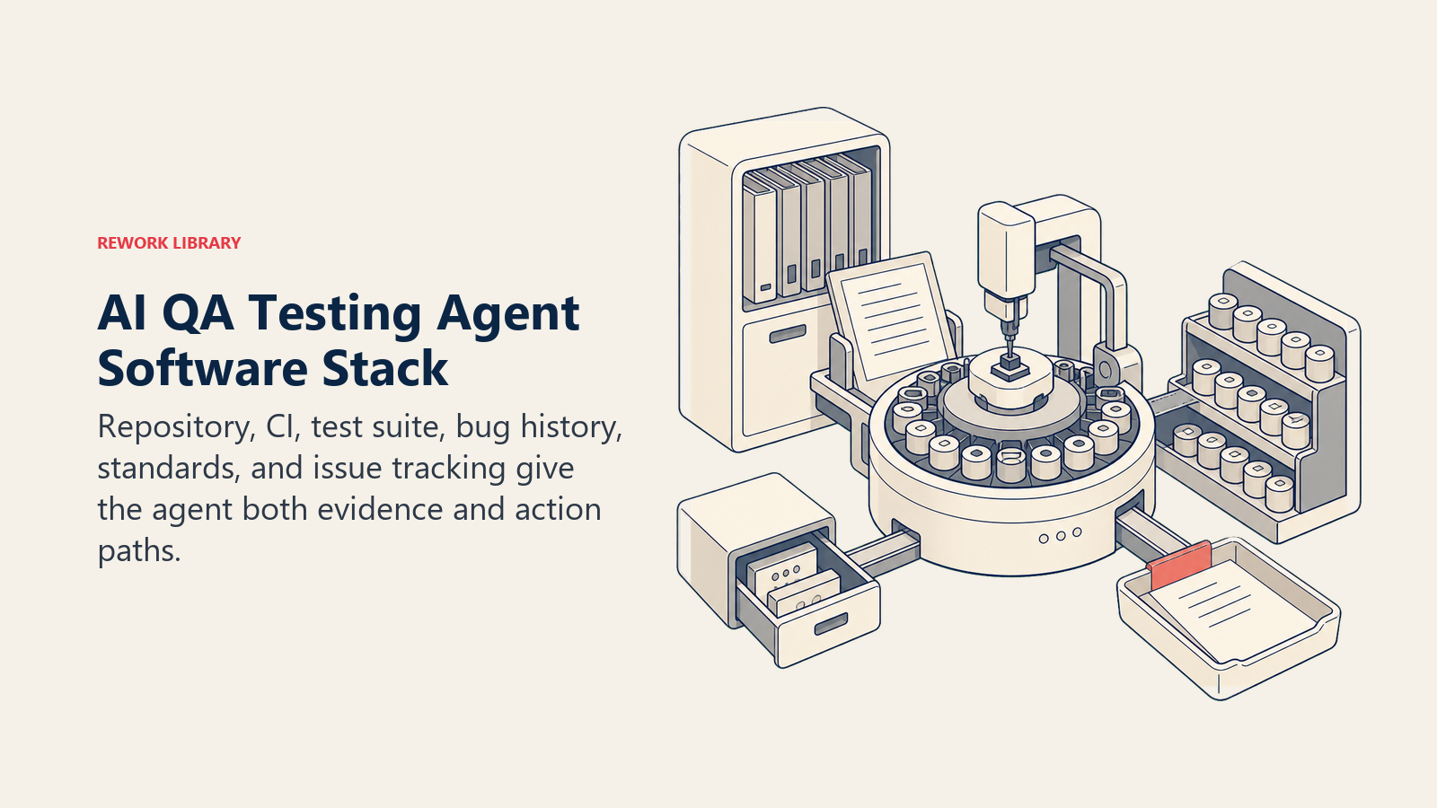 AI QA Testing Agent software stack shown as repository, CI runner, test suite, bug history, and issue tracker tools