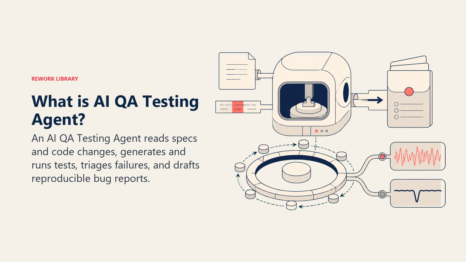 AI QA Testing Agent shown as an autonomous test harness generating tests and packaging reproducible failures