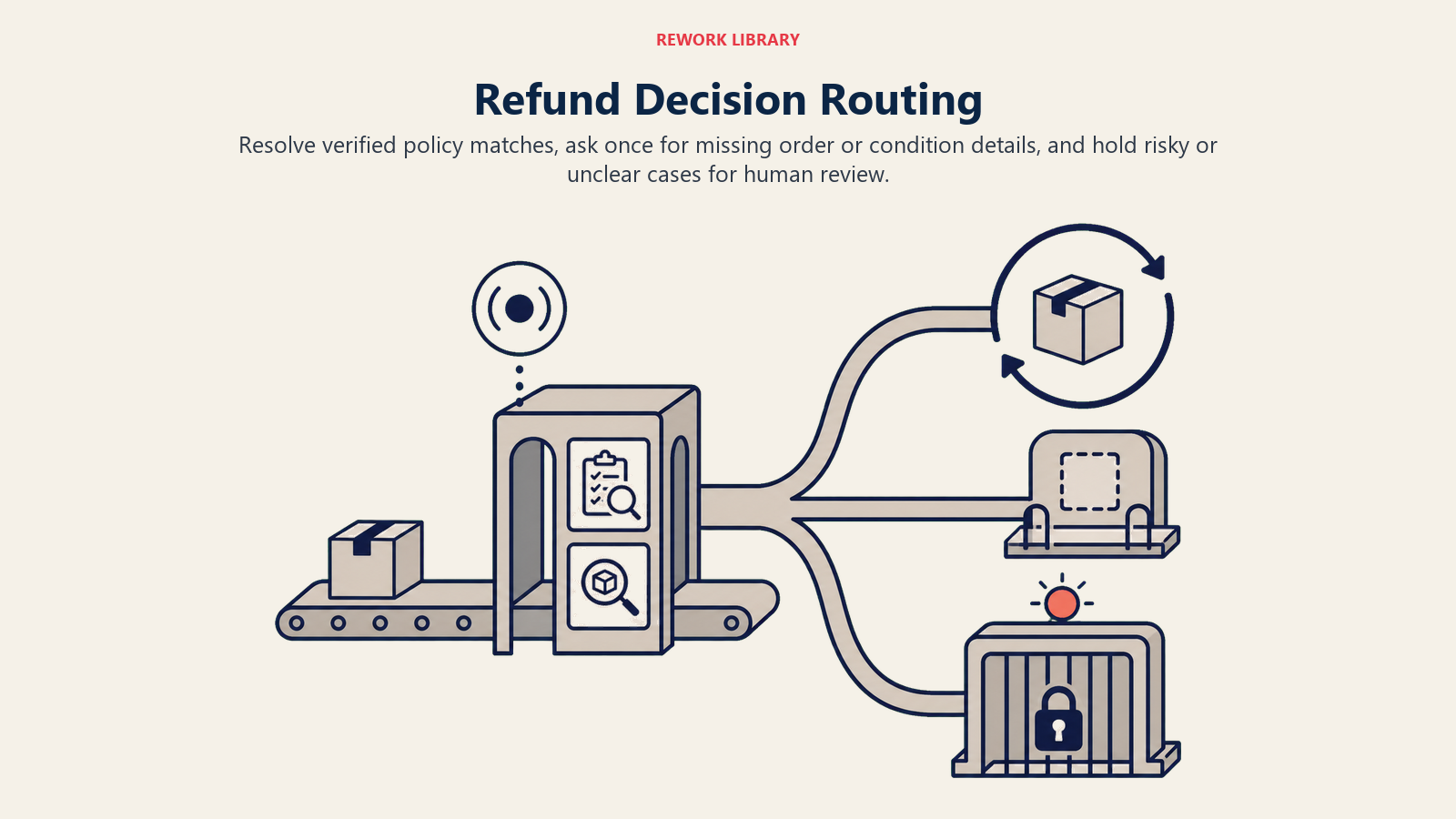 Refund decision route approving verified returns, asking for missing evidence, or holding risky cases for review