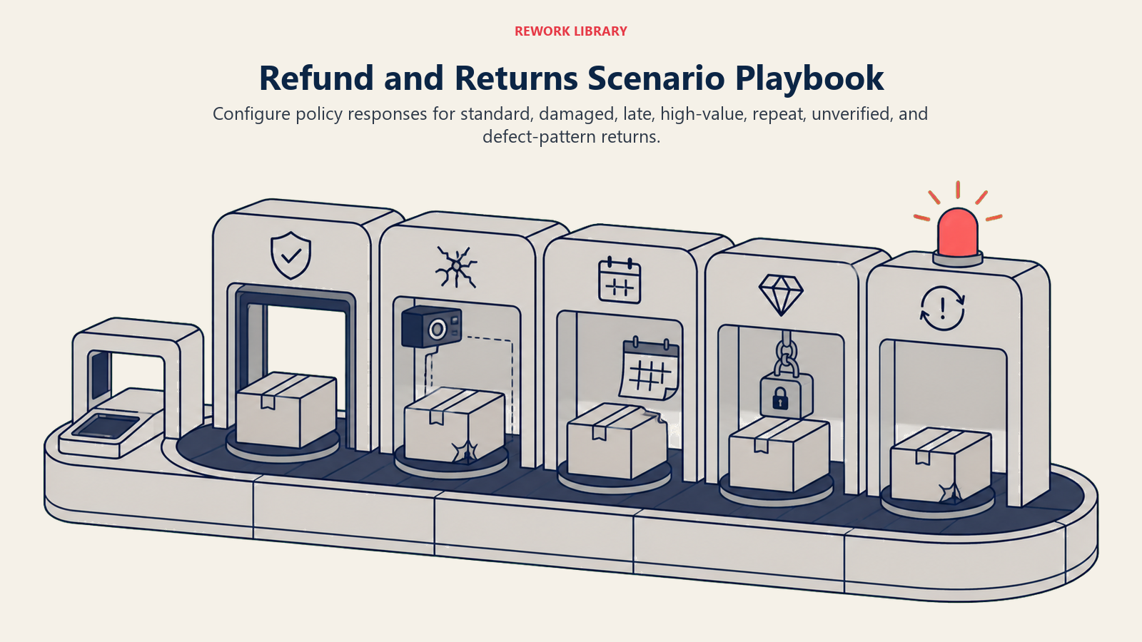 Refund and returns scenarios shown as a parcel turntable for standard, damaged, late, high-value, and defect cases