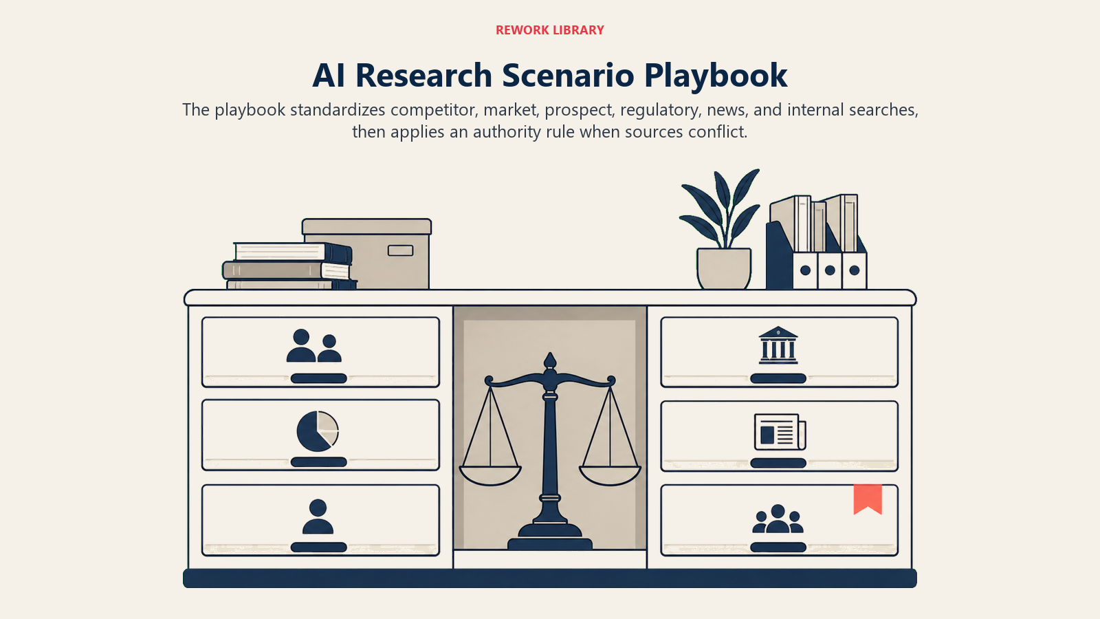 AI Research Agent playbook cabinet for competitor, market, prospect, regulatory, news, and internal research briefs