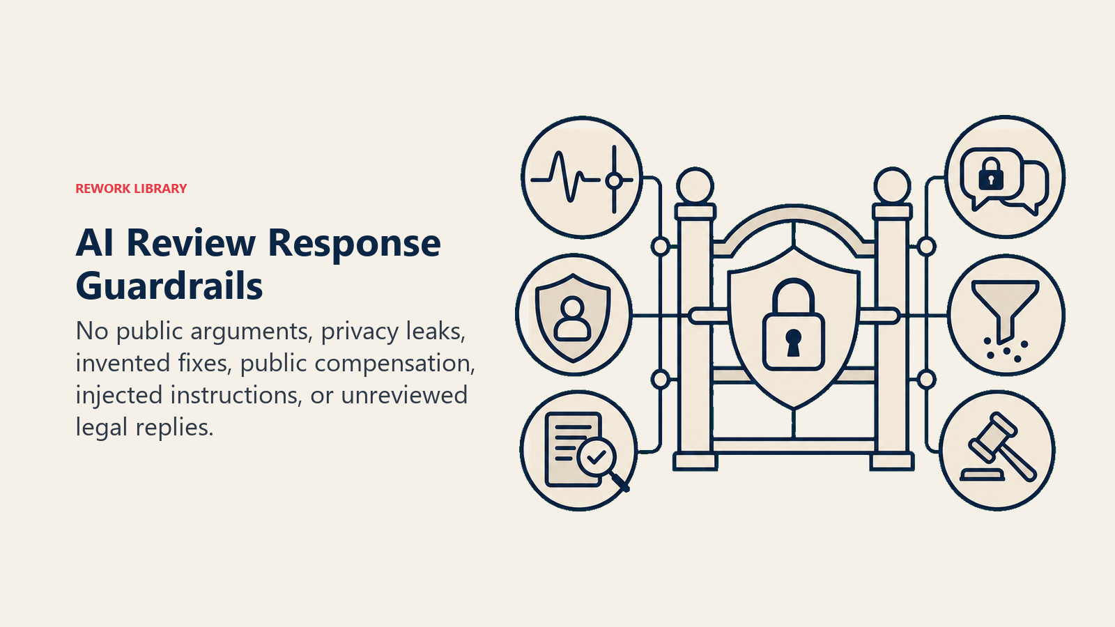 AI Review Response Guardrails shown as a protected public-reply gate with six interlocks: calm-tone damper, privacy shield, fact verifier, private-channel switch, injection sieve, and legal approval lock; one coral reply token is held