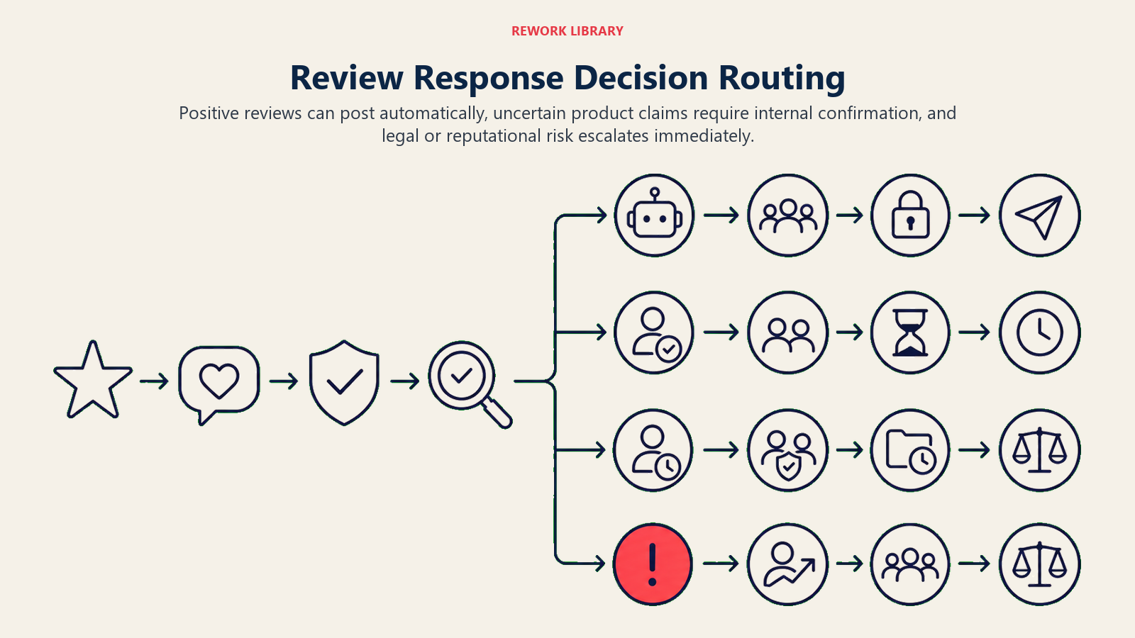 Review Response Decision Routing shown as a wide review routing flow from star signal through sentiment and fact checks to auto-post lane, internal-confirmation gate, approval hold, and legal handoff; one coral risky review enters escalation