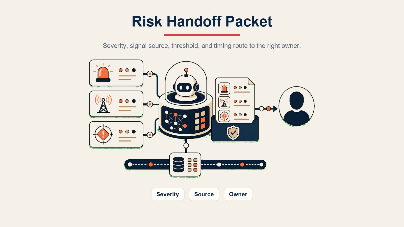 AI Risk Monitoring Agent visual dalaman menunjukkan pakej serahan risiko dengan konteks keterukan, sumber, dan pemilik
