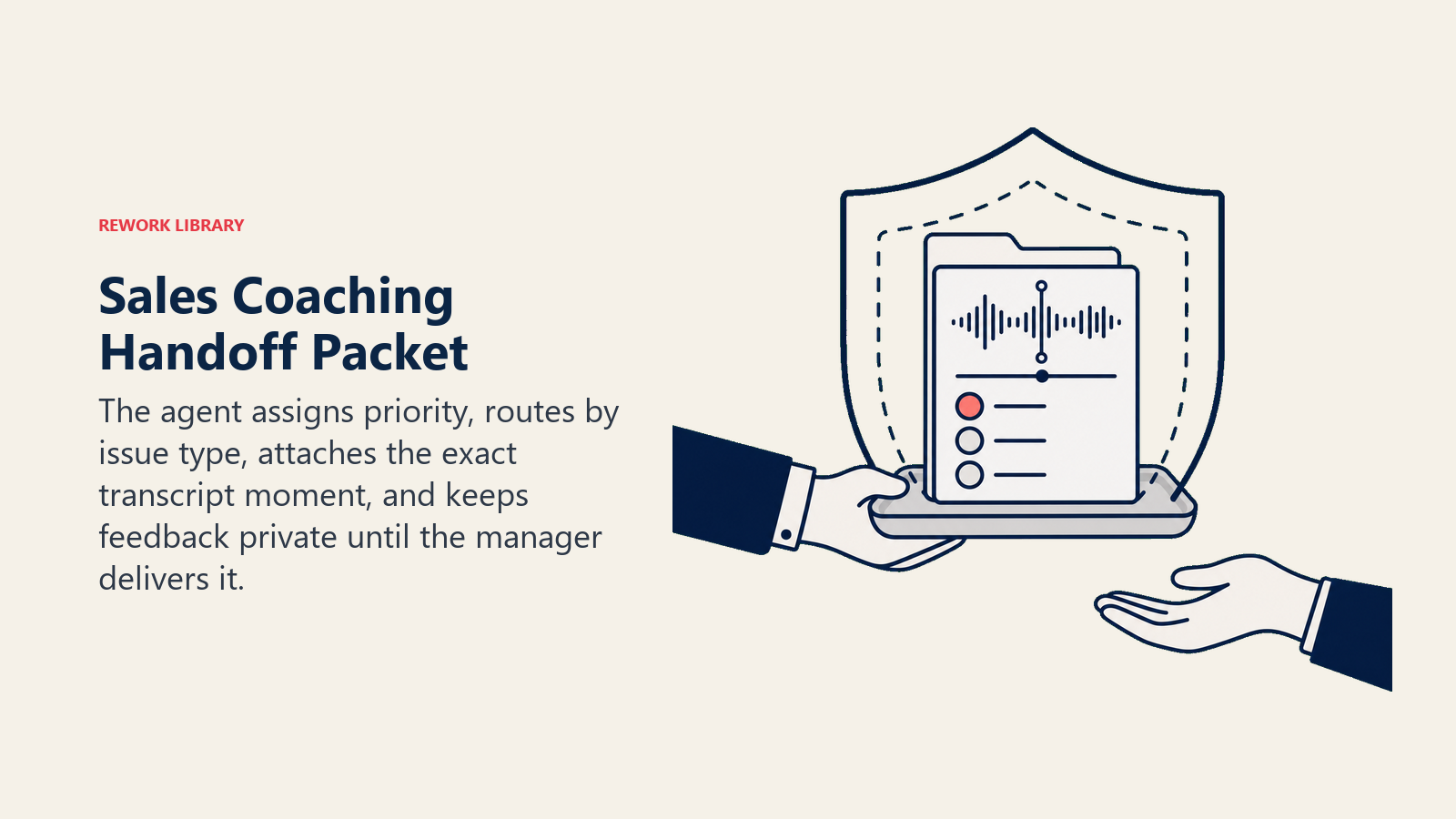 Private sales coaching handoff packet with priority, transcript moment, and manager review