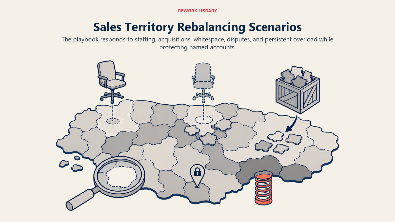 Sales territory rebalancing workshop handling staffing, acquisition, whitespace, and named-account scenarios