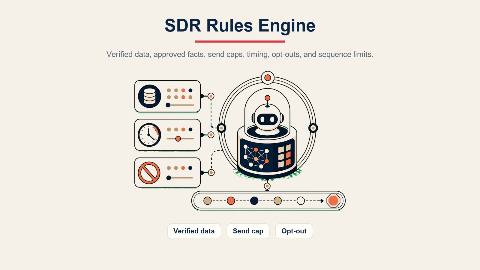 AI SDR Agent visual dalaman menunjukkan peraturan data disahkan, had penghantaran, dan pilih keluar dalam enjin peraturan SDR