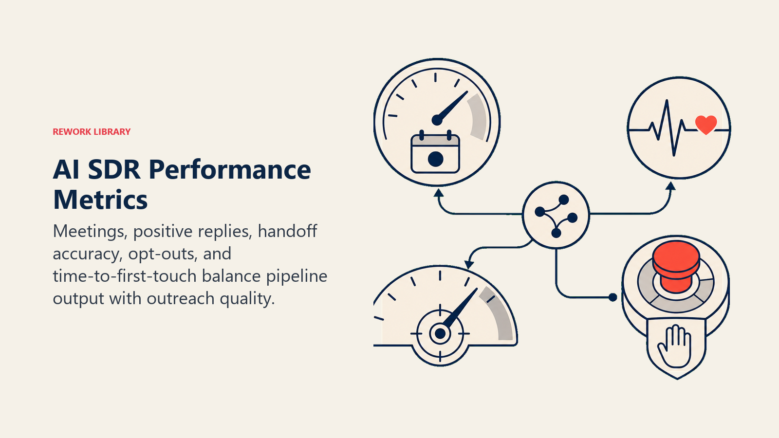 AI SDR Performance Metrics: sales outcome monitor with meeting dial, positive-reply pulse, handoff precision gauge, and opt-out brake