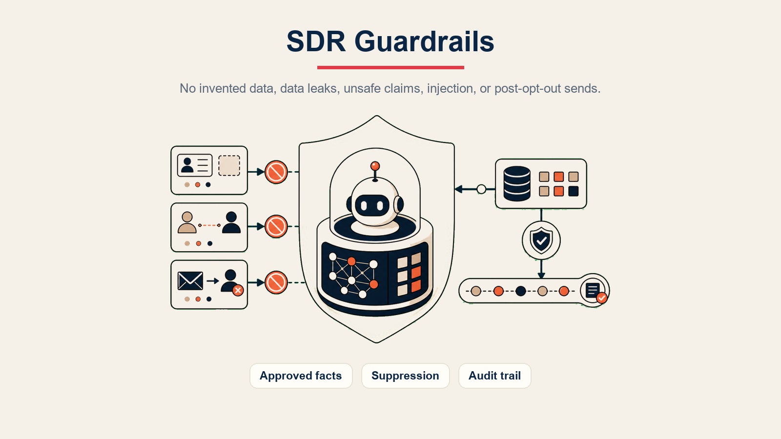 AI SDR Agent visual dalaman menunjukkan pagar pelindung untuk fakta yang diluluskan, penindasan, dan jejak audit
