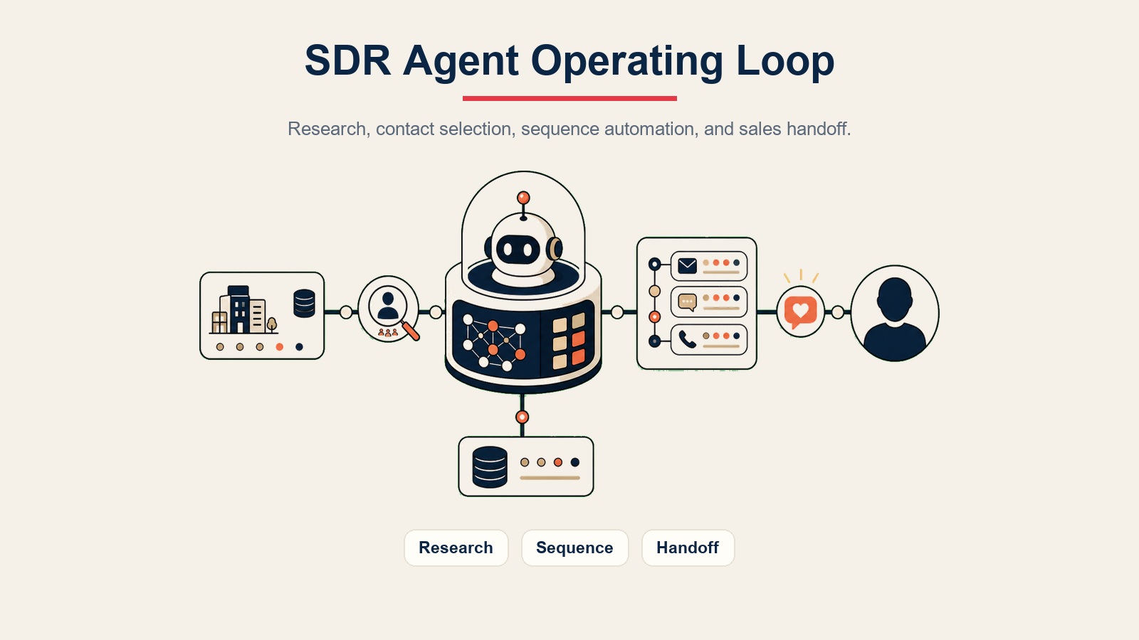 AI SDR Agent visual dalaman menunjukkan penyelidikan, automasi urutan, dan serahan jualan dalam gelung operasi SDR