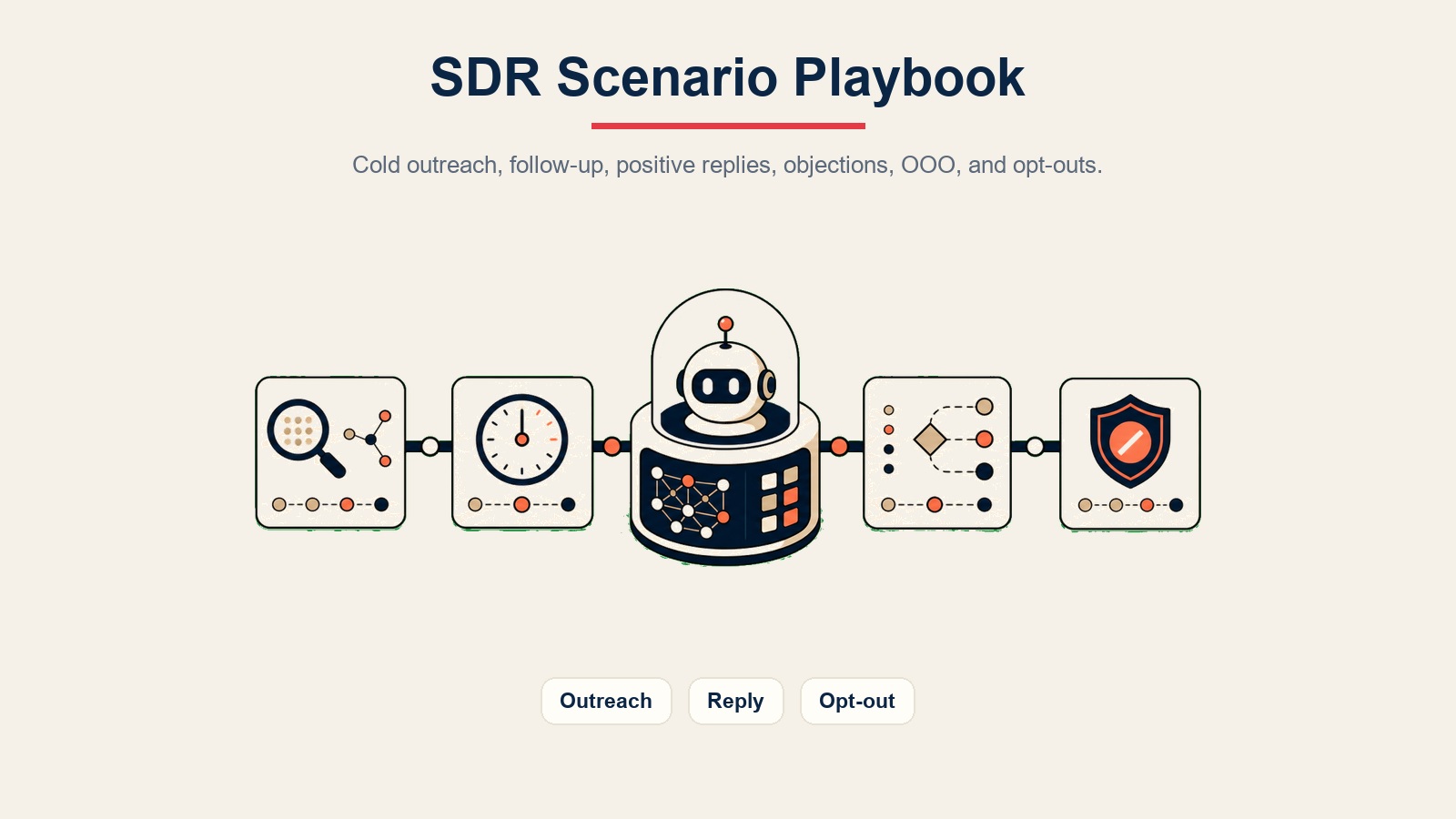 AI SDR Agent visual dalaman menunjukkan laluan senario untuk outreach, balasan, dan pilih keluar