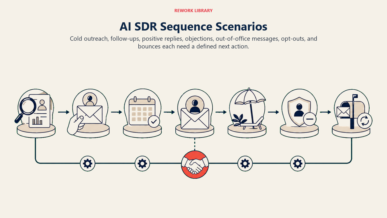 AI SDR Sequence Scenarios: wide sequence calendar with distinct outreach, reply, pause, suppression, and bounce stations