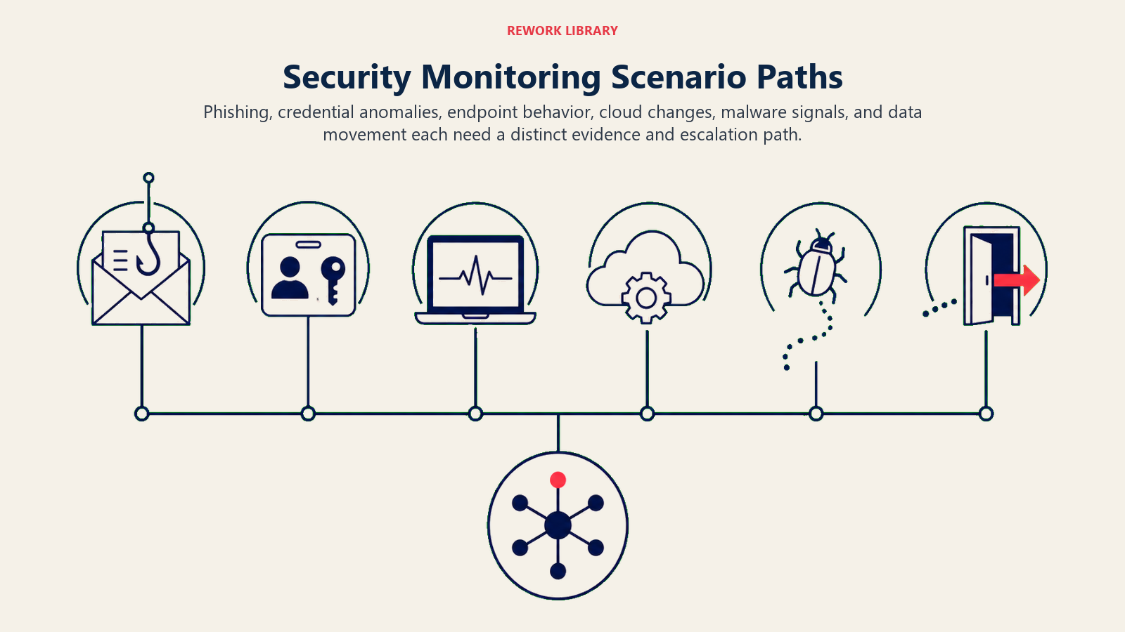 Security Monitoring Scenario Paths: a wide six-zone threat field with distinct sparse artifacts for mail lure, identity key, endpoint pulse, cloud change, malware trace, and data-exit gate, connected to one correlation rail