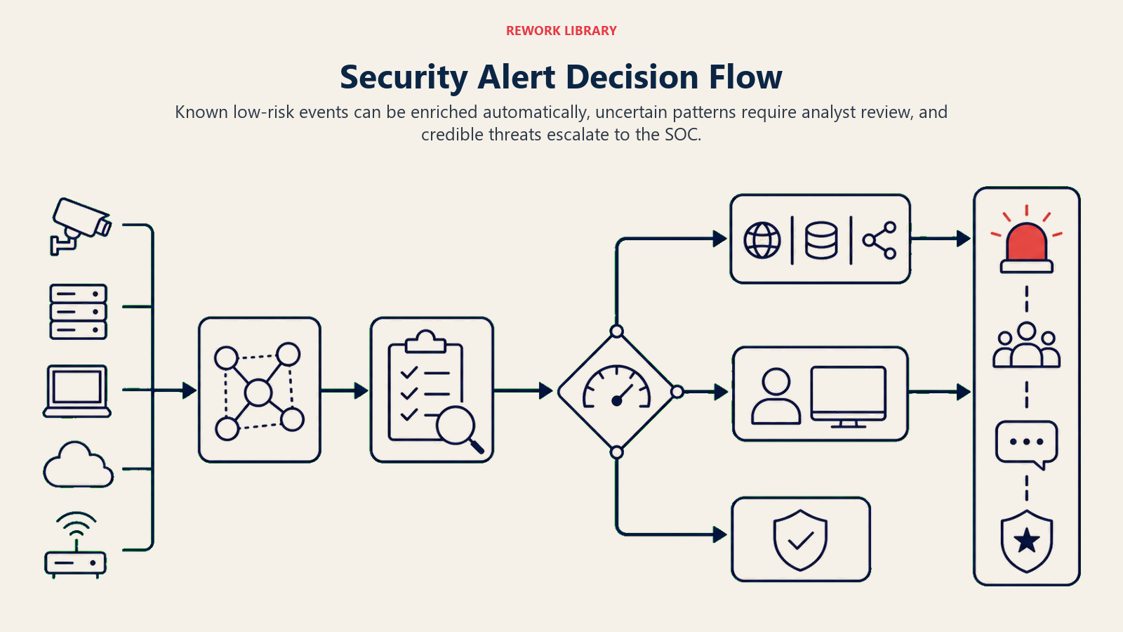 Security Alert Decision Flow: a wide alert triage flow from sensor intake through correlation, evidence check, severity gate, enrichment lane, analyst-review lane, and SOC escalation rail; one coral threat takes the escalation path