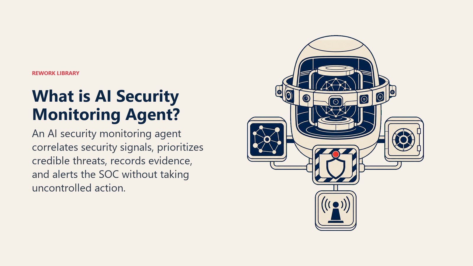 What is AI Security Monitoring Agent? security pod with sensor ring, evidence vault, and SOC handoff beacon