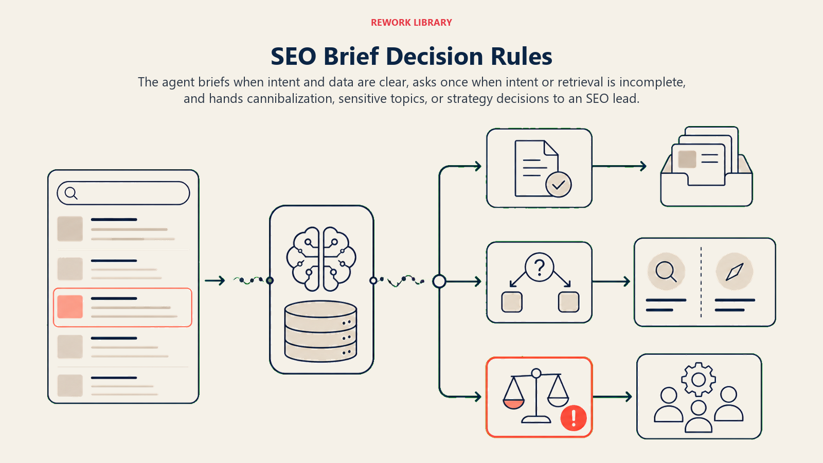 SEO Brief Decision Rules shown as a wide serp decision architecture routes fresh clear evidence to a brief tray, split intent through a single question fork, and a coral top-ranking conflict into a human strategy gate