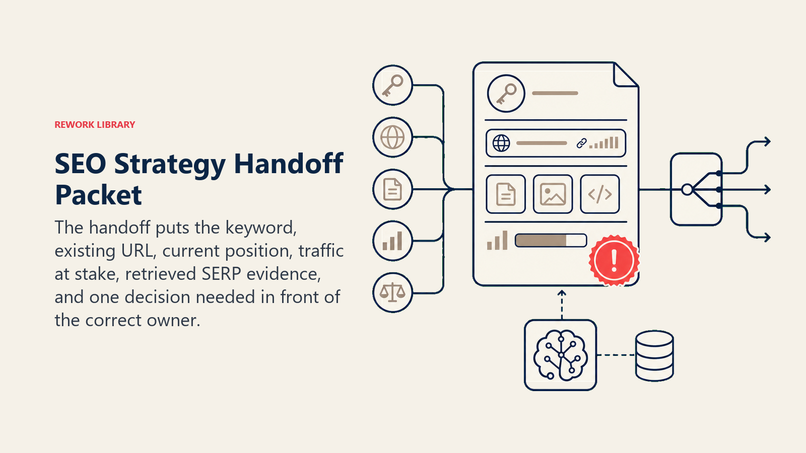SEO Strategy Handoff Packet shown as a compact seo risk dossier passes through an ownership router, carrying a keyword token, ranked url strip, evidence bundle, traffic weight, and one coral decision-required seal