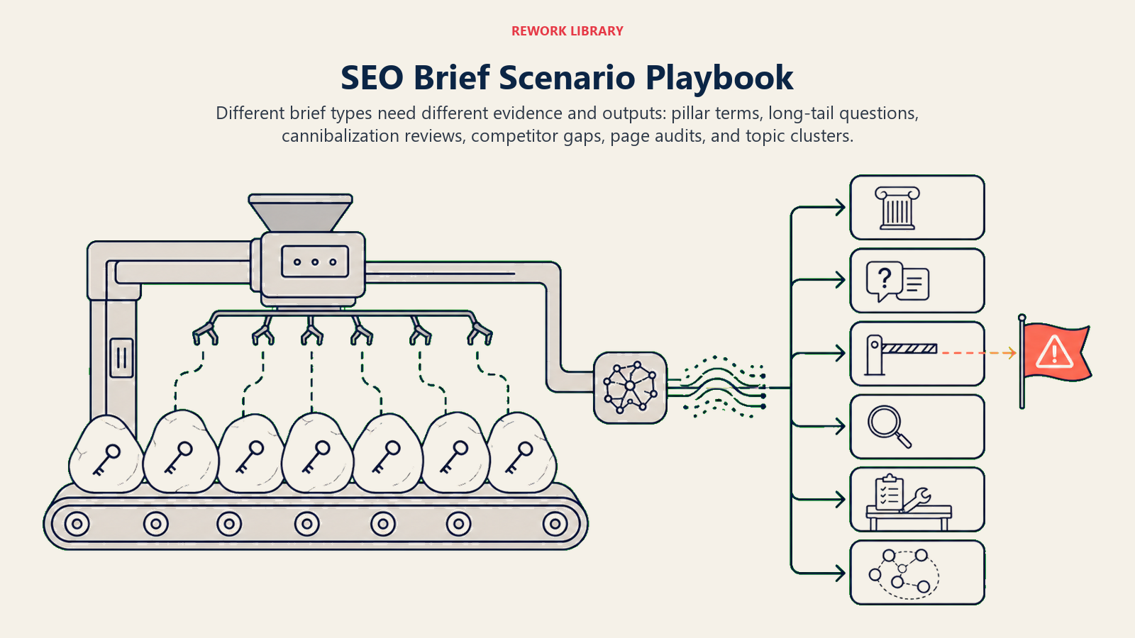 SEO Brief Scenario Playbook shown as a wide brief factory sorts six large keyword stones into a pillar blueprint, answer card, stop gate, differentiation lens, audit bench, and cluster map, with one coral cannibalization flag