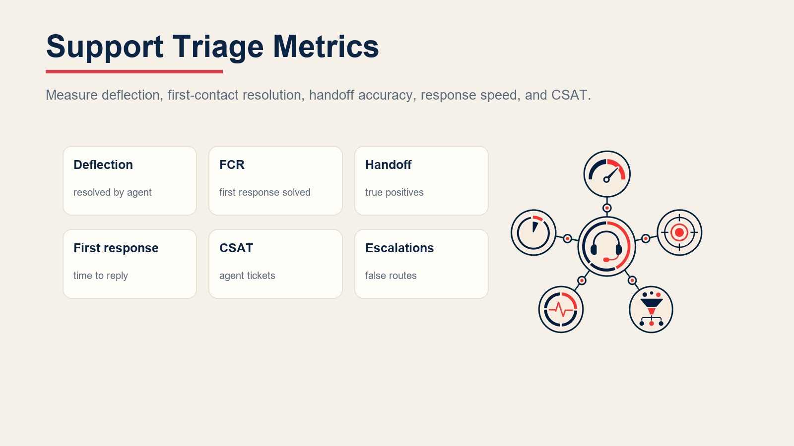 Support triage metrics for deflection, first-contact resolution, handoff accuracy, first response time, CSAT, and escalations