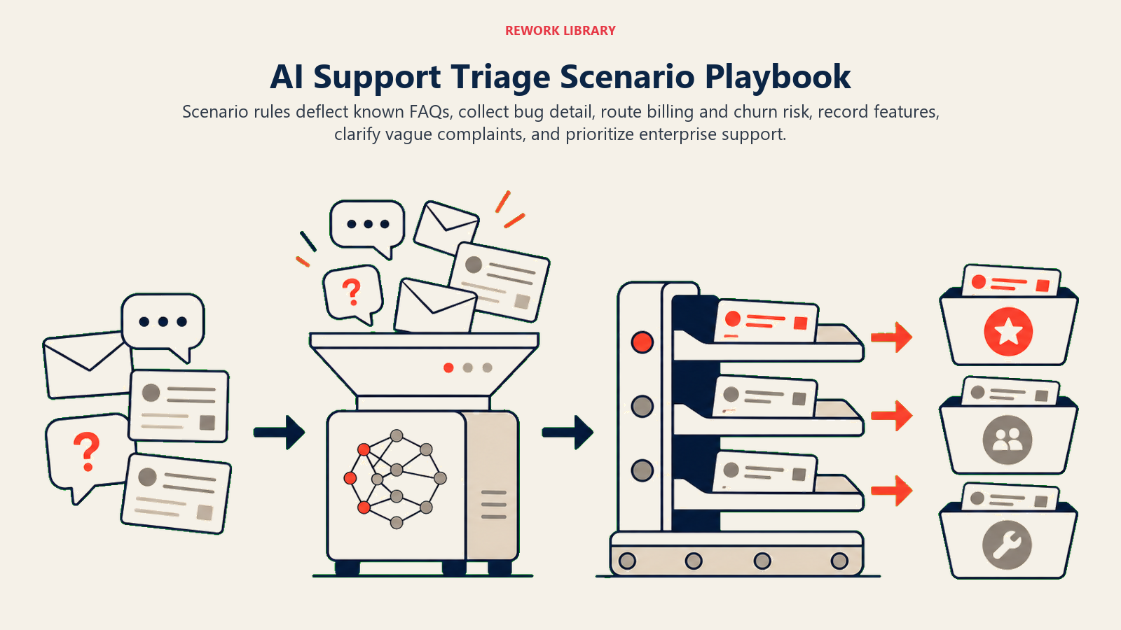 AI Support Triage Agent sorter routing FAQ, bug, billing, complaint, feature, churn, and enterprise tickets