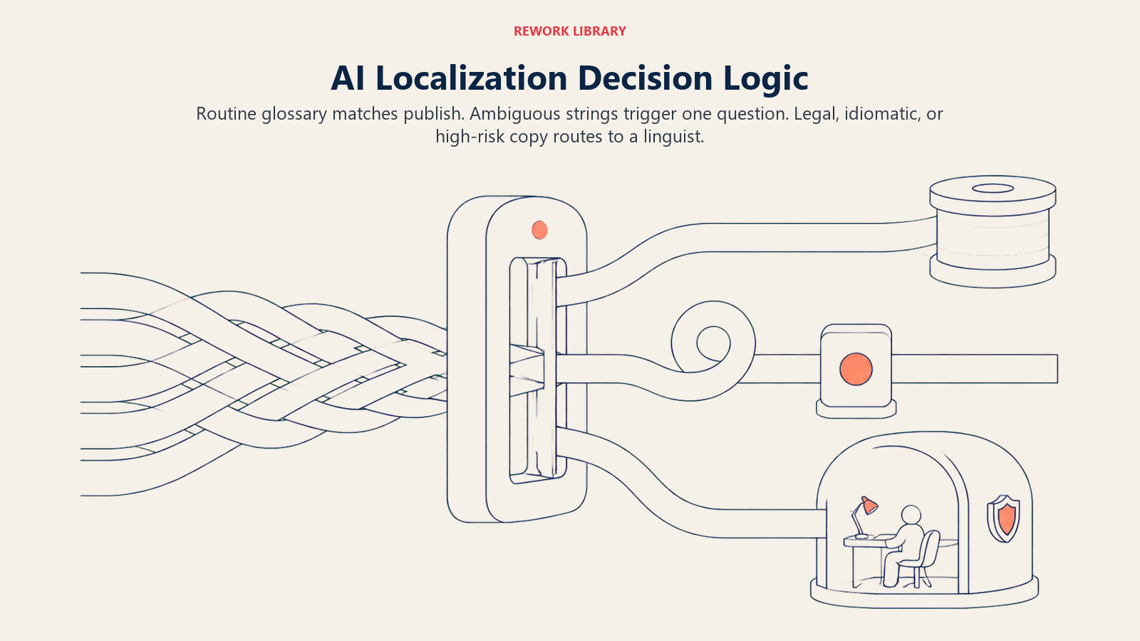 AI localization decision logic showing automatic translation, one clarification loop, and linguist handoff